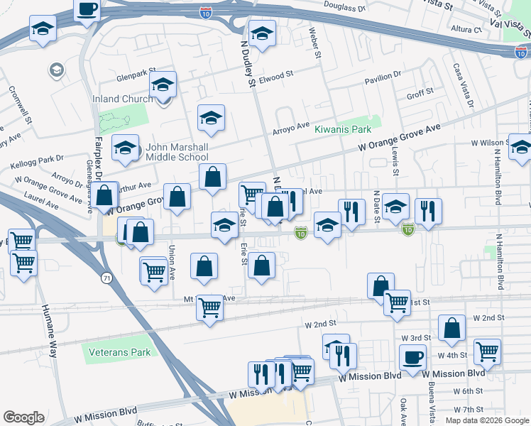 map of restaurants, bars, coffee shops, grocery stores, and more near 585 North Dudley Street in Pomona