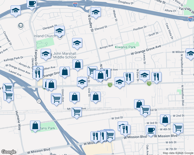 map of restaurants, bars, coffee shops, grocery stores, and more near 585 North Dudley Street in Pomona