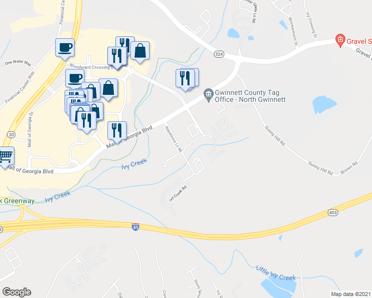 map of restaurants, bars, coffee shops, grocery stores, and more near 1885 Appaloosa Run Trail Northeast in Buford