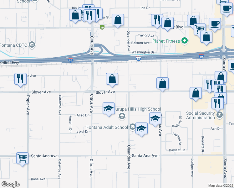 map of restaurants, bars, coffee shops, grocery stores, and more near 16257 Slover Avenue in Fontana