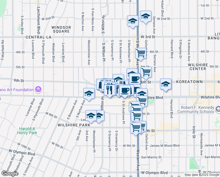 map of restaurants, bars, coffee shops, grocery stores, and more near 621 South Gramercy Place in Los Angeles