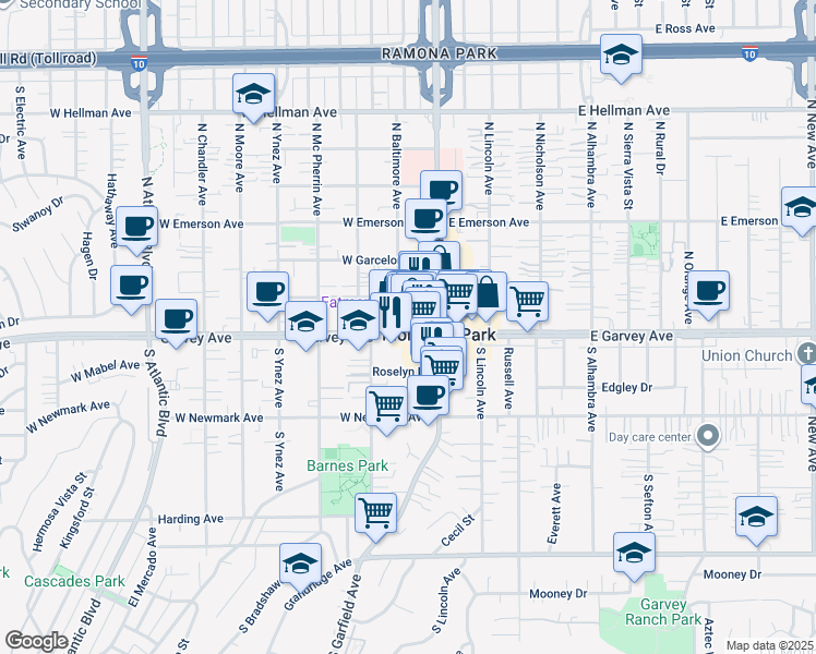 map of restaurants, bars, coffee shops, grocery stores, and more near 153 Garvey Avenue in Monterey Park