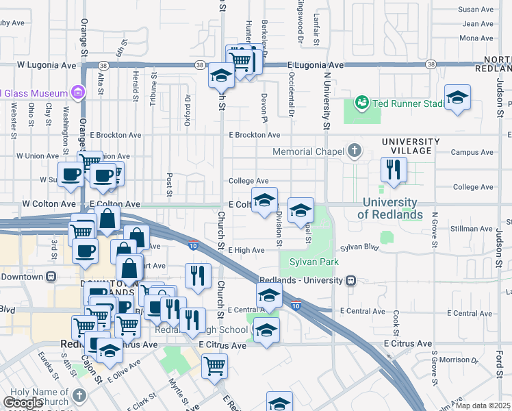 map of restaurants, bars, coffee shops, grocery stores, and more near 850 East Colton Avenue in Redlands