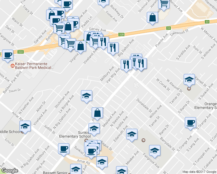 map of restaurants, bars, coffee shops, grocery stores, and more near 14015 Barrydale Street in La Puente