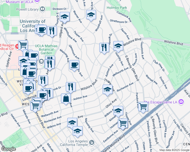 map of restaurants, bars, coffee shops, grocery stores, and more near 10551 Wilshire Boulevard in Los Angeles