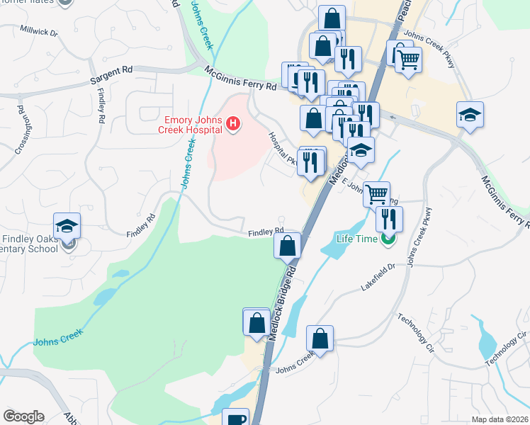 map of restaurants, bars, coffee shops, grocery stores, and more near 12050 Findley Road in Johns Creek