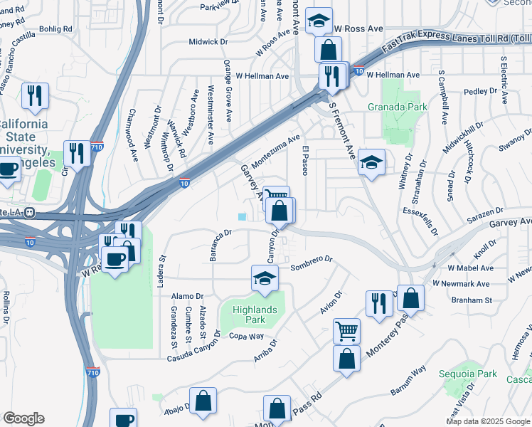 map of restaurants, bars, coffee shops, grocery stores, and more near 1814 Garvey Avenue in Alhambra