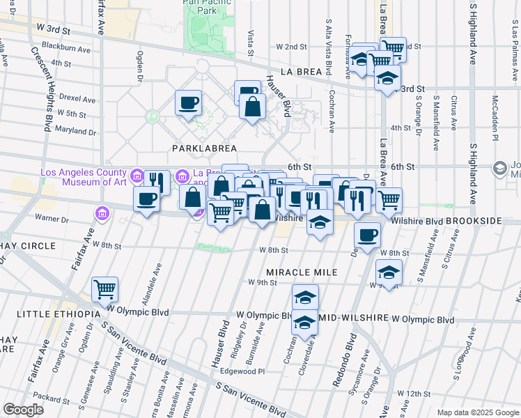 map of restaurants, bars, coffee shops, grocery stores, and more near 644 1/2 Hauser Boulevard in Los Angeles