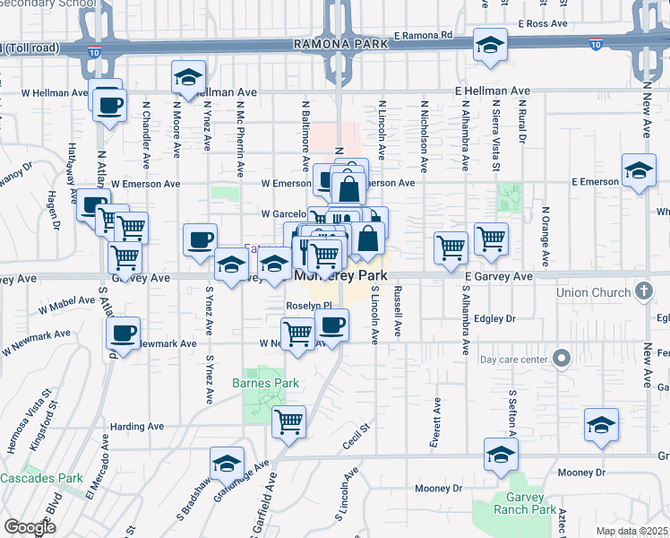 map of restaurants, bars, coffee shops, grocery stores, and more near 111 West Garvey Avenue in Monterey Park