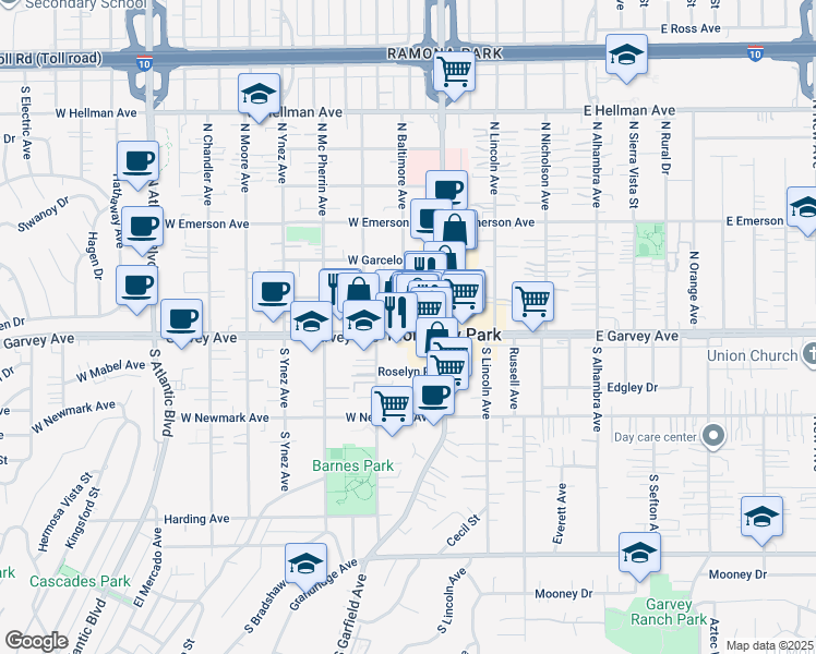 map of restaurants, bars, coffee shops, grocery stores, and more near 218 Avondale Avenue in Monterey Park