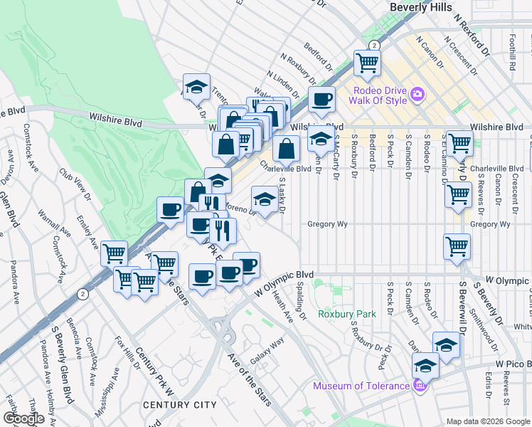 map of restaurants, bars, coffee shops, grocery stores, and more near 9949 Young Drive in Beverly Hills