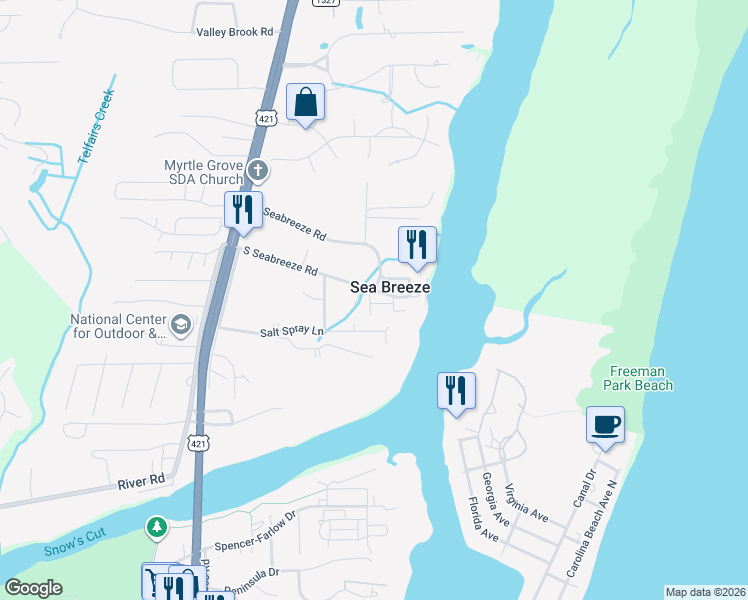 map of restaurants, bars, coffee shops, grocery stores, and more near in Sea Breeze
