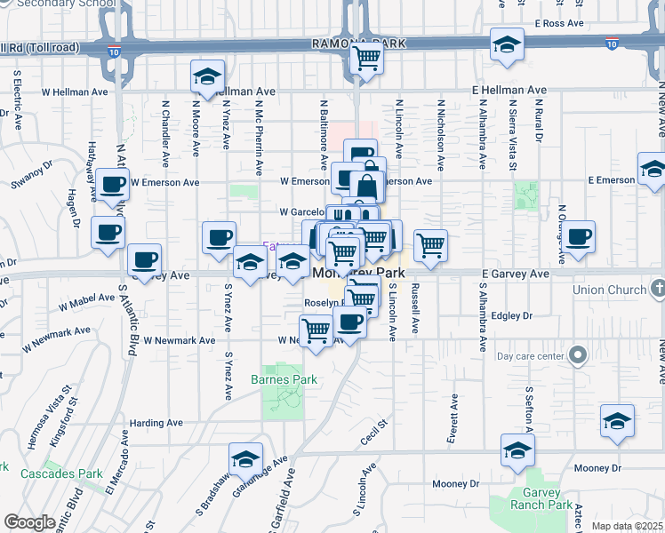 map of restaurants, bars, coffee shops, grocery stores, and more near 153 Garvey Avenue in Monterey Park