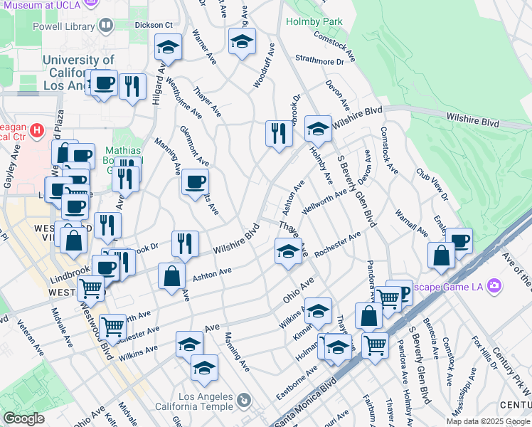 map of restaurants, bars, coffee shops, grocery stores, and more near 10500 Wilshire Boulevard in Los Angeles
