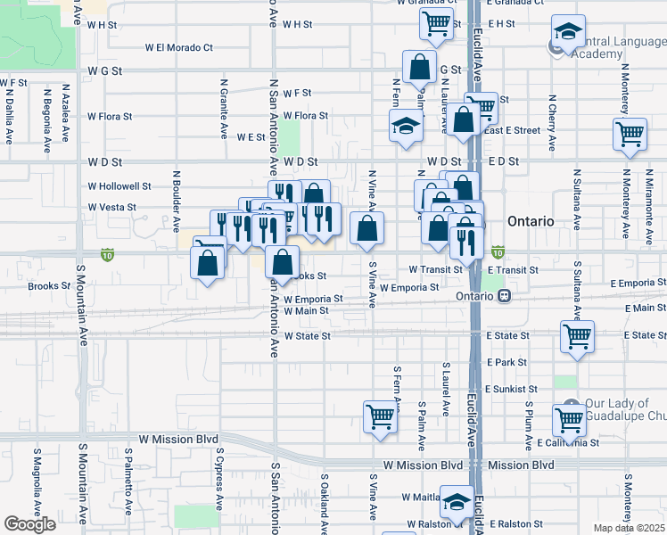 map of restaurants, bars, coffee shops, grocery stores, and more near 549 West Holt Boulevard in Ontario