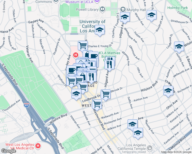 map of restaurants, bars, coffee shops, grocery stores, and more near 947 Tiverton Avenue in Los Angeles