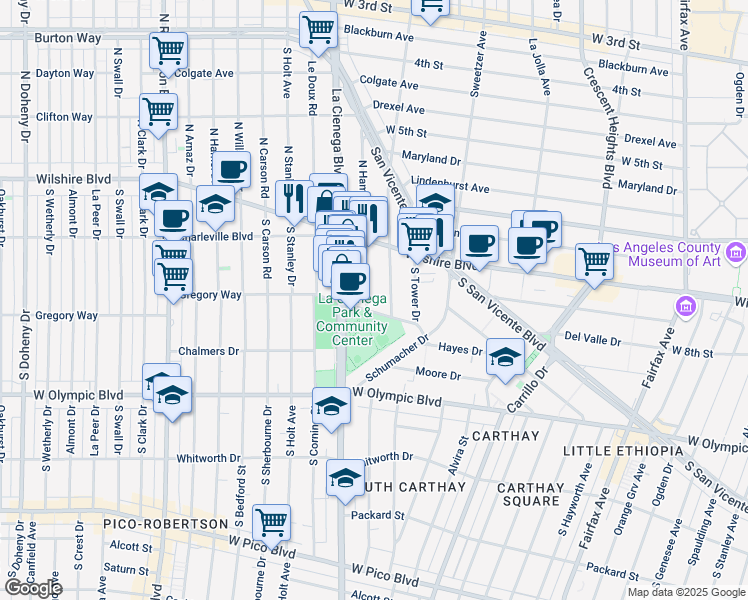 map of restaurants, bars, coffee shops, grocery stores, and more near 219 South Hamilton Drive in Beverly Hills