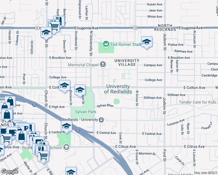 map of restaurants, bars, coffee shops, grocery stores, and more near 1200 East Colton Avenue in Redlands