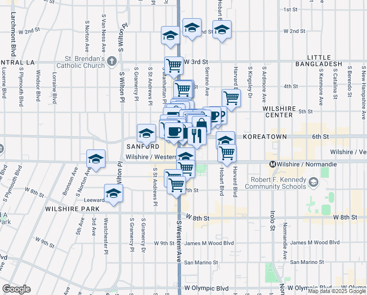 map of restaurants, bars, coffee shops, grocery stores, and more near 3785 Wilshire Boulevard in Los Angeles