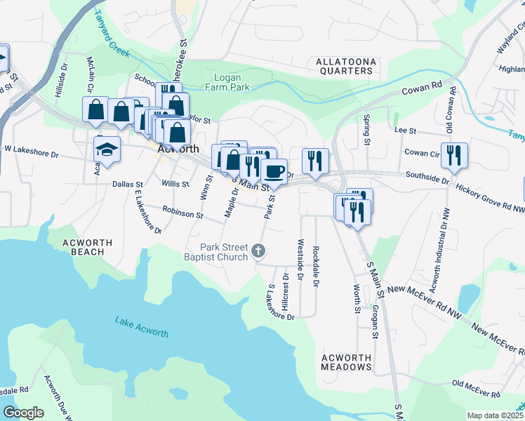 map of restaurants, bars, coffee shops, grocery stores, and more near 4471 Gibson Place in Acworth