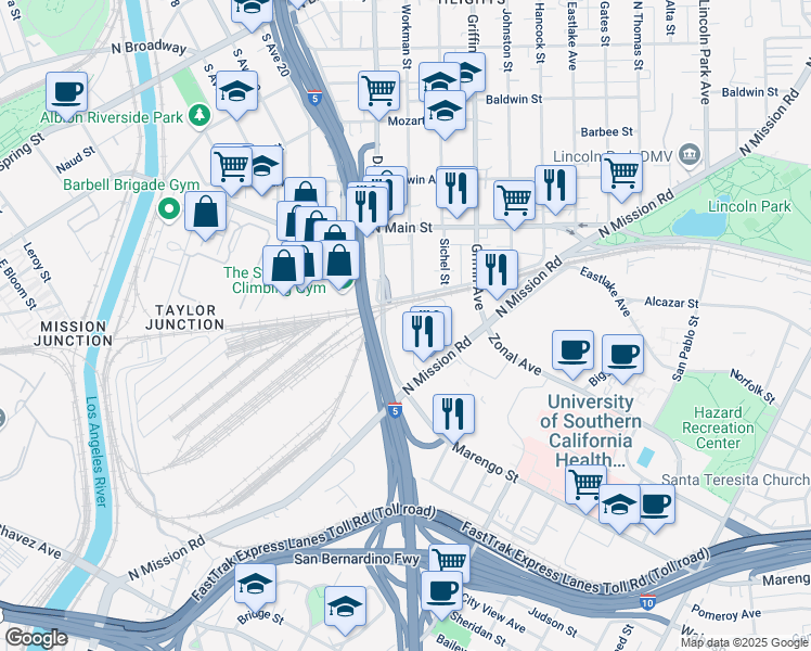 map of restaurants, bars, coffee shops, grocery stores, and more near 2217 Alhambra Avenue in Los Angeles