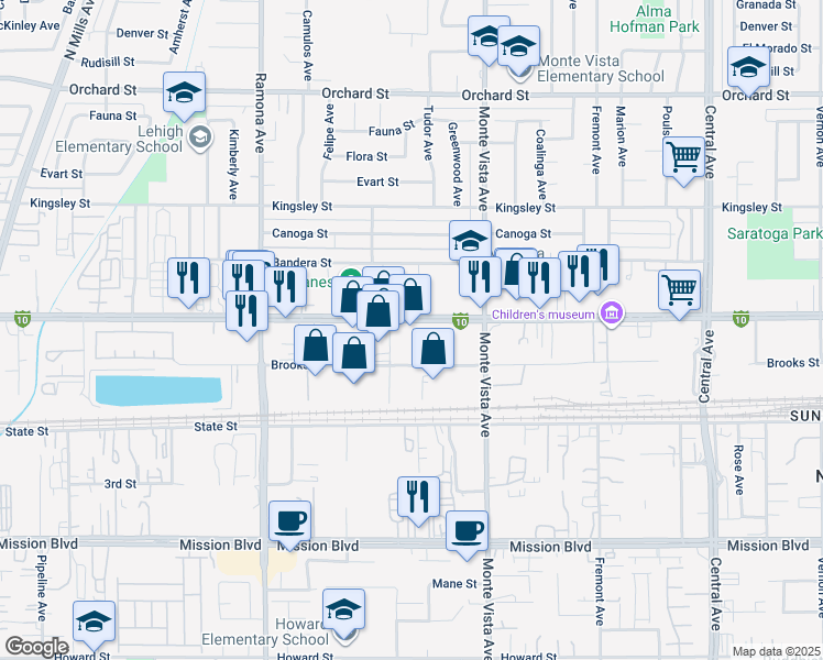 map of restaurants, bars, coffee shops, grocery stores, and more near 4770 Holt Boulevard in Montclair