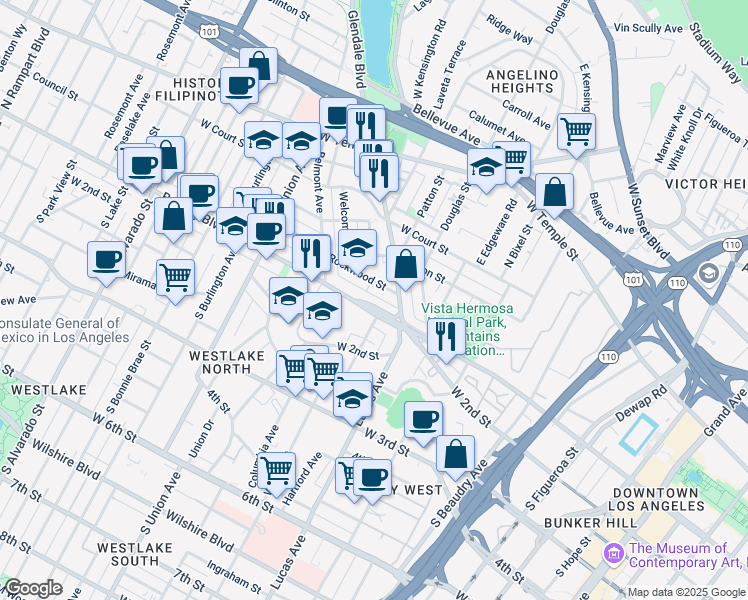 map of restaurants, bars, coffee shops, grocery stores, and more near 1552 Rockwood Street in Los Angeles