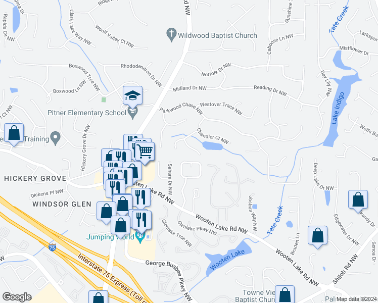 map of restaurants, bars, coffee shops, grocery stores, and more near 1352 Hearthstone Way Northwest in Acworth