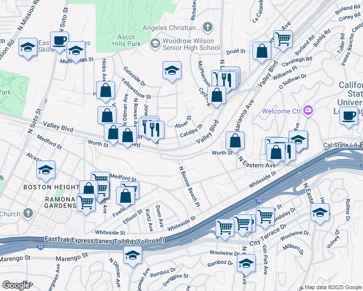 map of restaurants, bars, coffee shops, grocery stores, and more near 4601 Valley Boulevard in Los Angeles