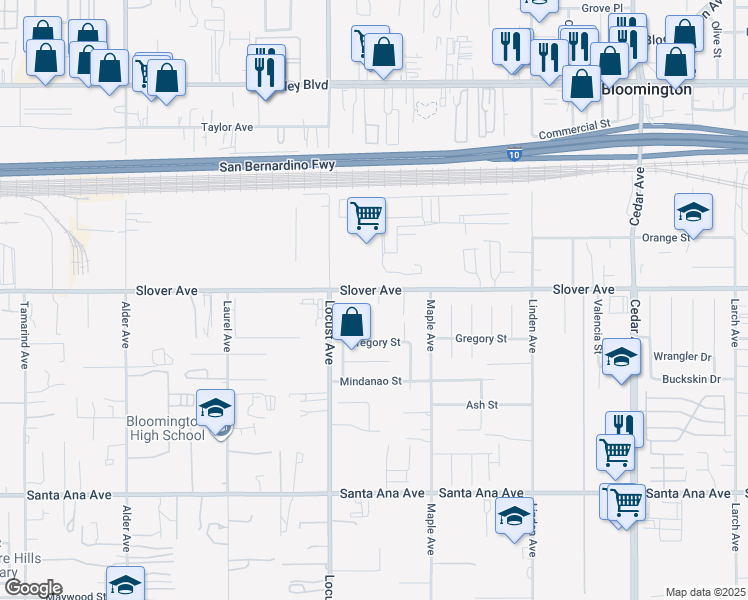 map of restaurants, bars, coffee shops, grocery stores, and more near 18189 Slover Avenue in Bloomington