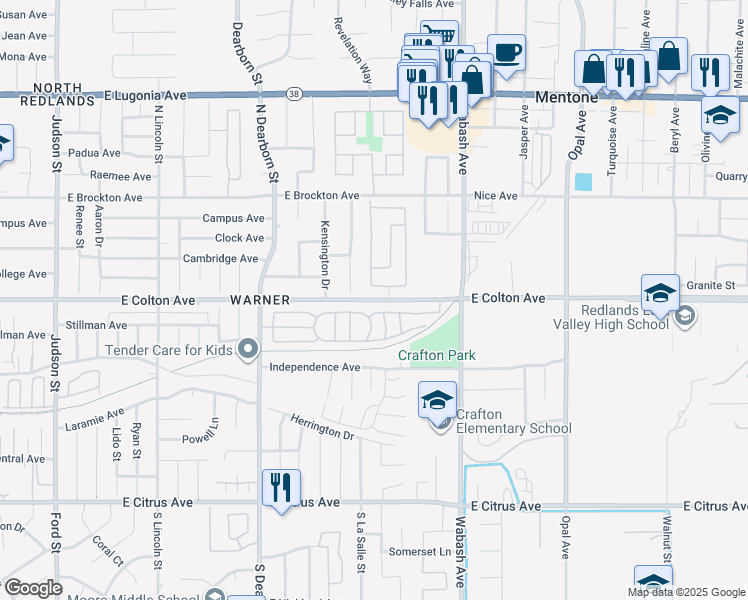 map of restaurants, bars, coffee shops, grocery stores, and more near East Colton Avenue in Redlands
