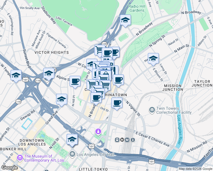 map of restaurants, bars, coffee shops, grocery stores, and more near 844 North Broadway in Los Angeles