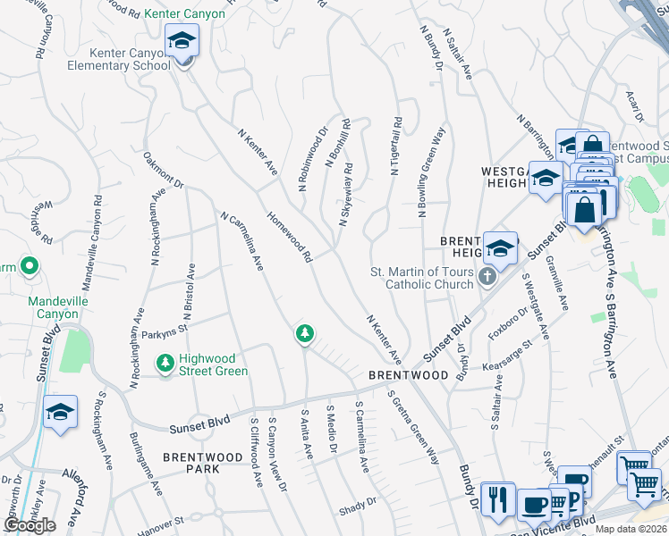 map of restaurants, bars, coffee shops, grocery stores, and more near 265 North Kenter Avenue in Los Angeles