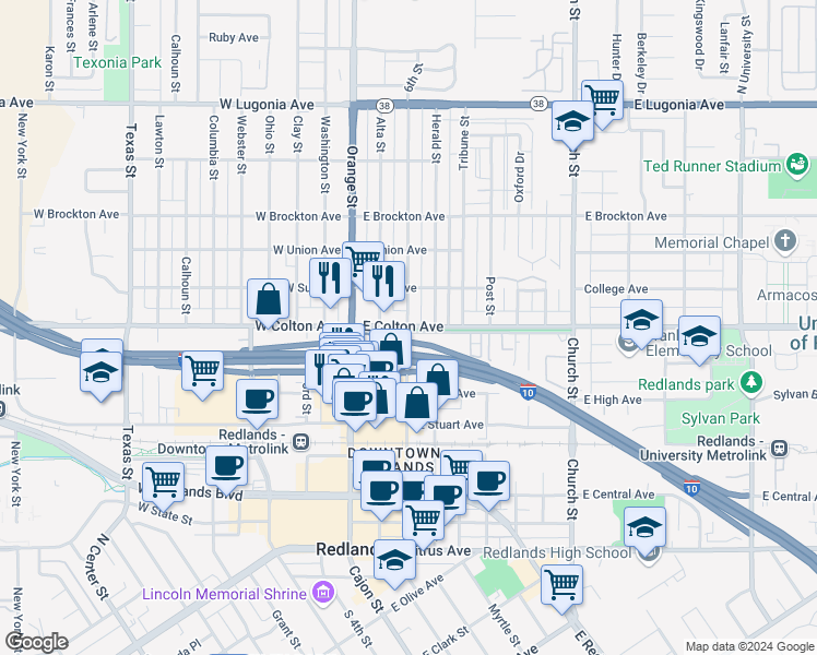 map of restaurants, bars, coffee shops, grocery stores, and more near 200 East Colton Avenue in Redlands