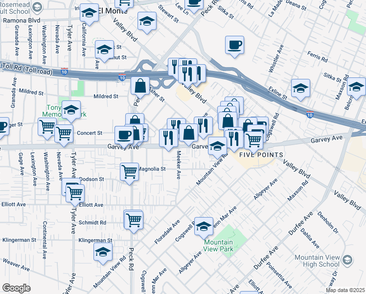 map of restaurants, bars, coffee shops, grocery stores, and more near 3015 La Madera Avenue in El Monte