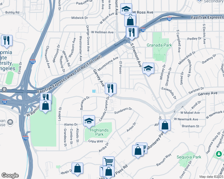 map of restaurants, bars, coffee shops, grocery stores, and more near 2520 Florentina Avenue in Alhambra