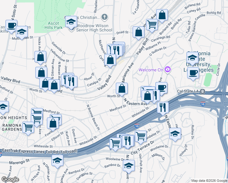 map of restaurants, bars, coffee shops, grocery stores, and more near 4760 Valley Boulevard in Los Angeles