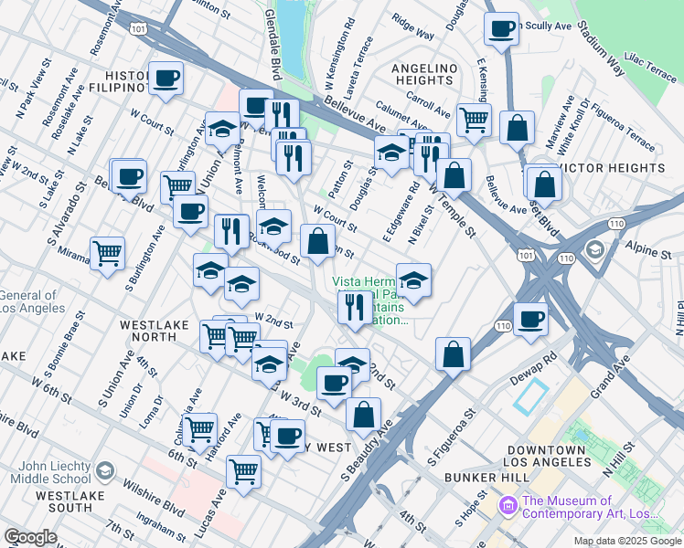 map of restaurants, bars, coffee shops, grocery stores, and more near 170 Douglas Street in Los Angeles