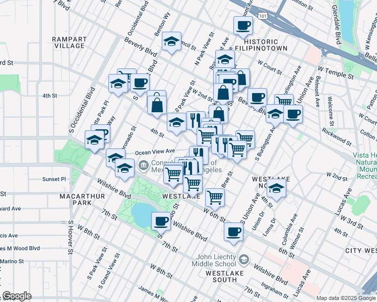 map of restaurants, bars, coffee shops, grocery stores, and more near 2131w West 3rd Street in Los Angeles