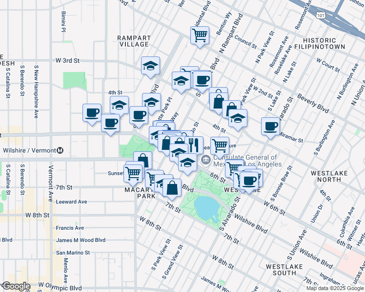 map of restaurants, bars, coffee shops, grocery stores, and more near 517 South Coronado Street in Los Angeles