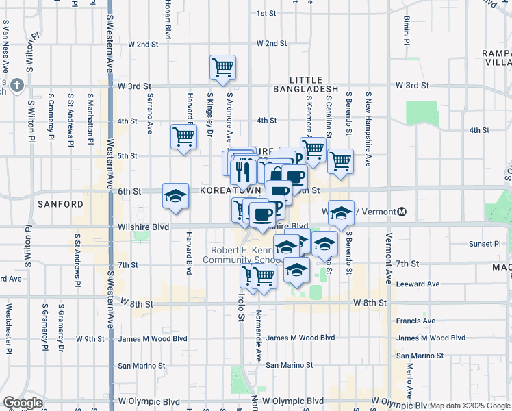 map of restaurants, bars, coffee shops, grocery stores, and more near 605 Normandie Avenue in Los Angeles