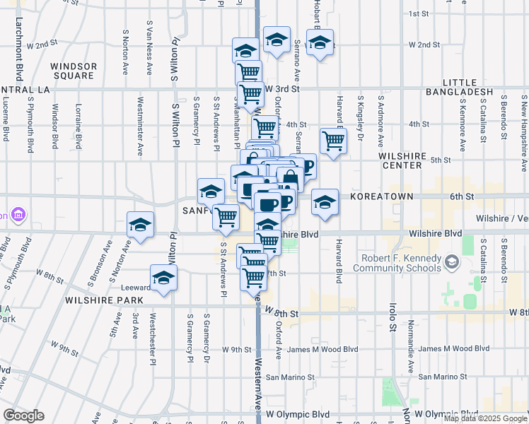 map of restaurants, bars, coffee shops, grocery stores, and more near 3900 West 6th Street in Los Angeles