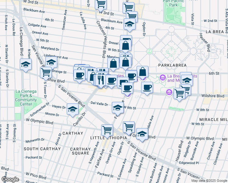map of restaurants, bars, coffee shops, grocery stores, and more near 6205 Wilshire Boulevard in Los Angeles