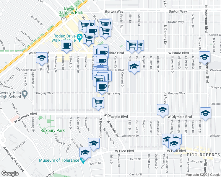 map of restaurants, bars, coffee shops, grocery stores, and more near 244 South Reeves Drive in Beverly Hills