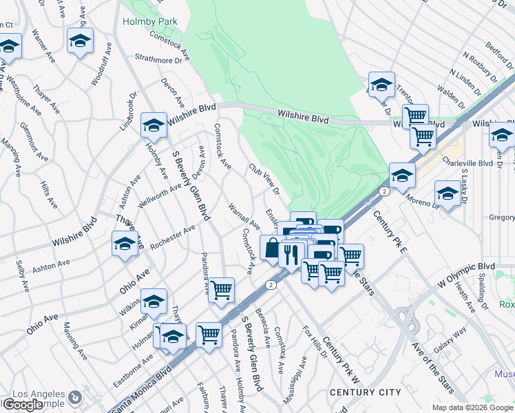map of restaurants, bars, coffee shops, grocery stores, and more near 1405 Comstock Avenue in Los Angeles