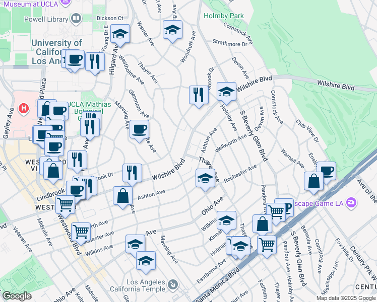 map of restaurants, bars, coffee shops, grocery stores, and more near 10500 Wilshire Boulevard in Los Angeles