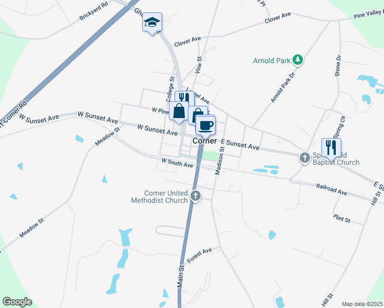 map of restaurants, bars, coffee shops, grocery stores, and more near 1959 Center Street in Comer
