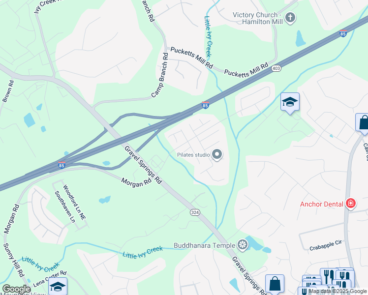 map of restaurants, bars, coffee shops, grocery stores, and more near 2458 Morgan Creek Road in Buford