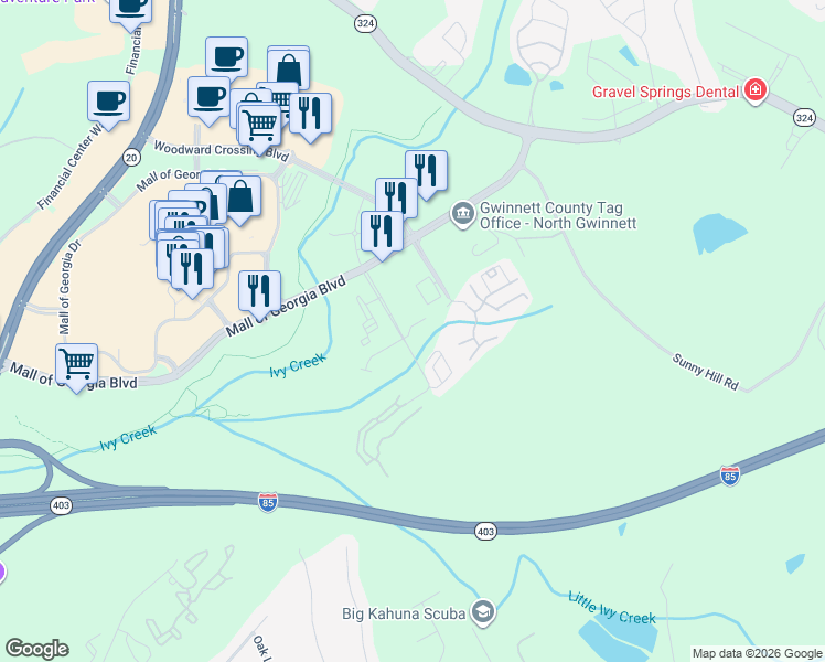 map of restaurants, bars, coffee shops, grocery stores, and more near 1885 Appaloosa Run Trail Northeast in Buford