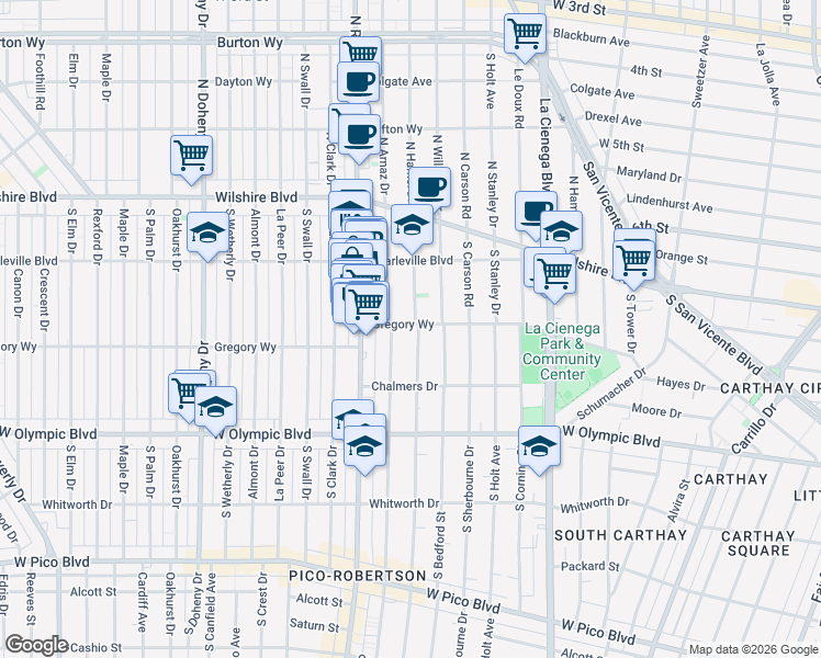 map of restaurants, bars, coffee shops, grocery stores, and more near 8704 Gregory Way in Los Angeles